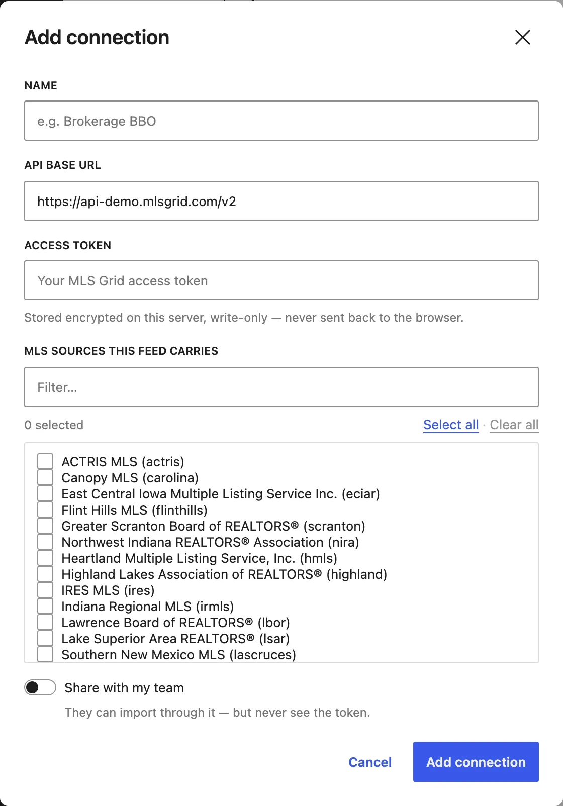 The Add connection dialog: a name, API base URL, and an access token stored encrypted and write-only.