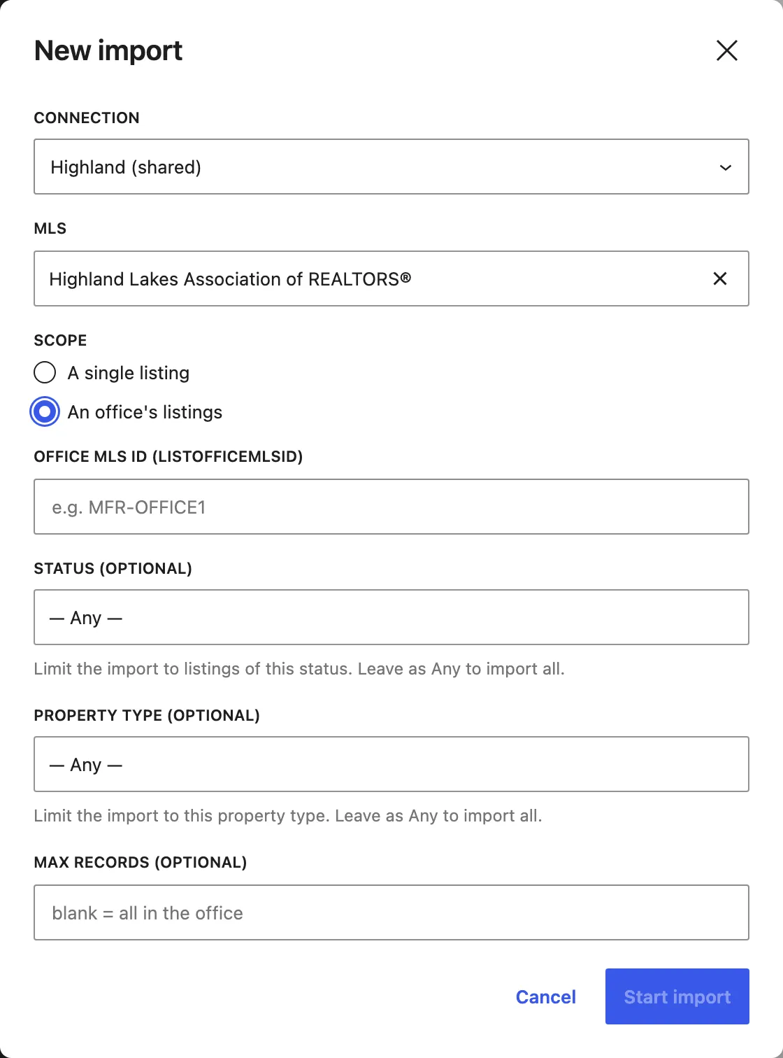 The New import dialog: pick a connection and MLS, choose a single listing or a whole office, then start.